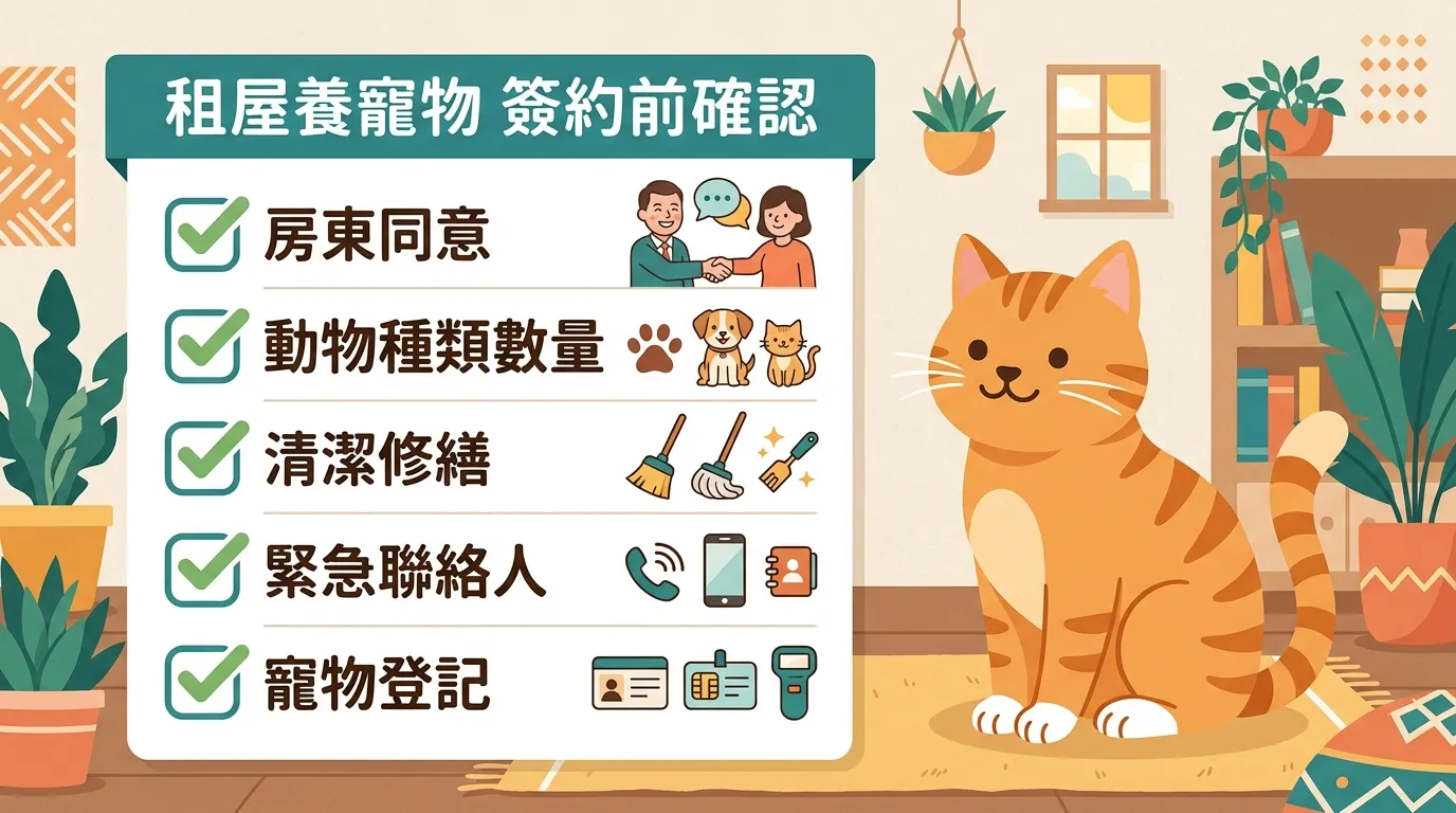 房客簽約前確認清單插畫,直式清單列出五個打勾項目:房東同意、動物種類數量、清潔修繕、緊急聯絡人、寵物登記,每項旁有對應小圖示(對話框、狗掌、掃把、電話、晶片卡),右側坐著一隻橘貓,整體配色溫馨專業